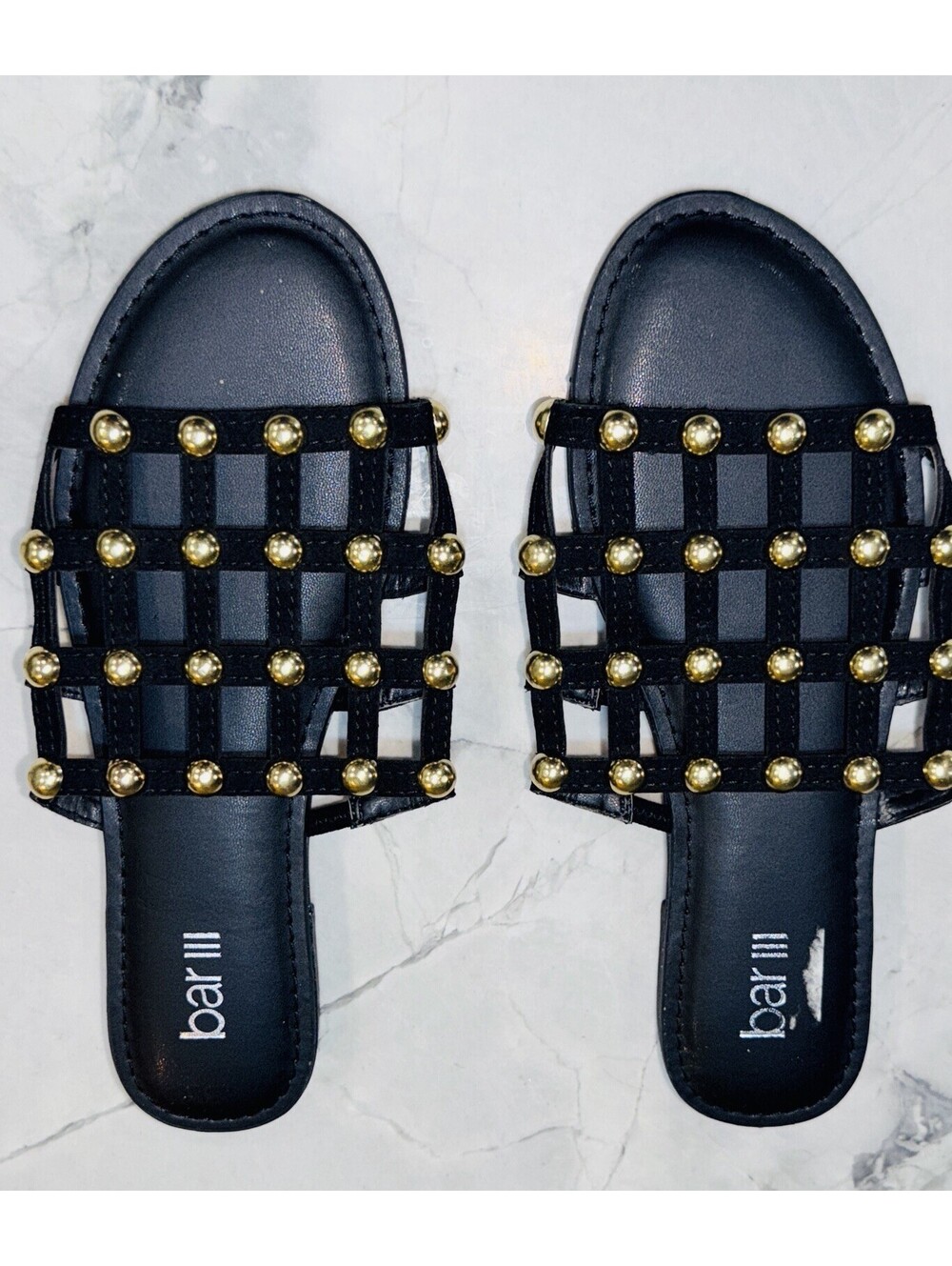 Bar III Pecannaf Women’s 7 Black Studded Lattice Slip‑On Sandals